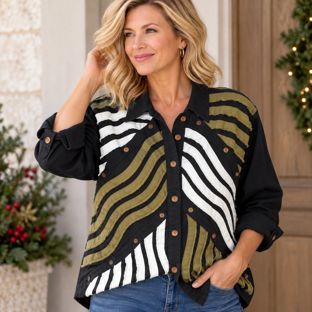 Yak Magik VTG Womens XL Cotton Wavy Stripe Beaded Jacket Nepal Black Artsy